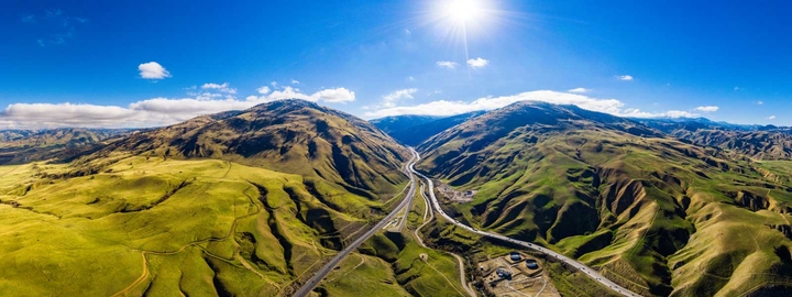 Aerial of California Grapevine and Interstate 5 Freeway Farmland