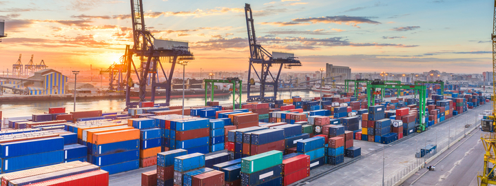 Casablanca, Morocco industrial shipping port at dawn.